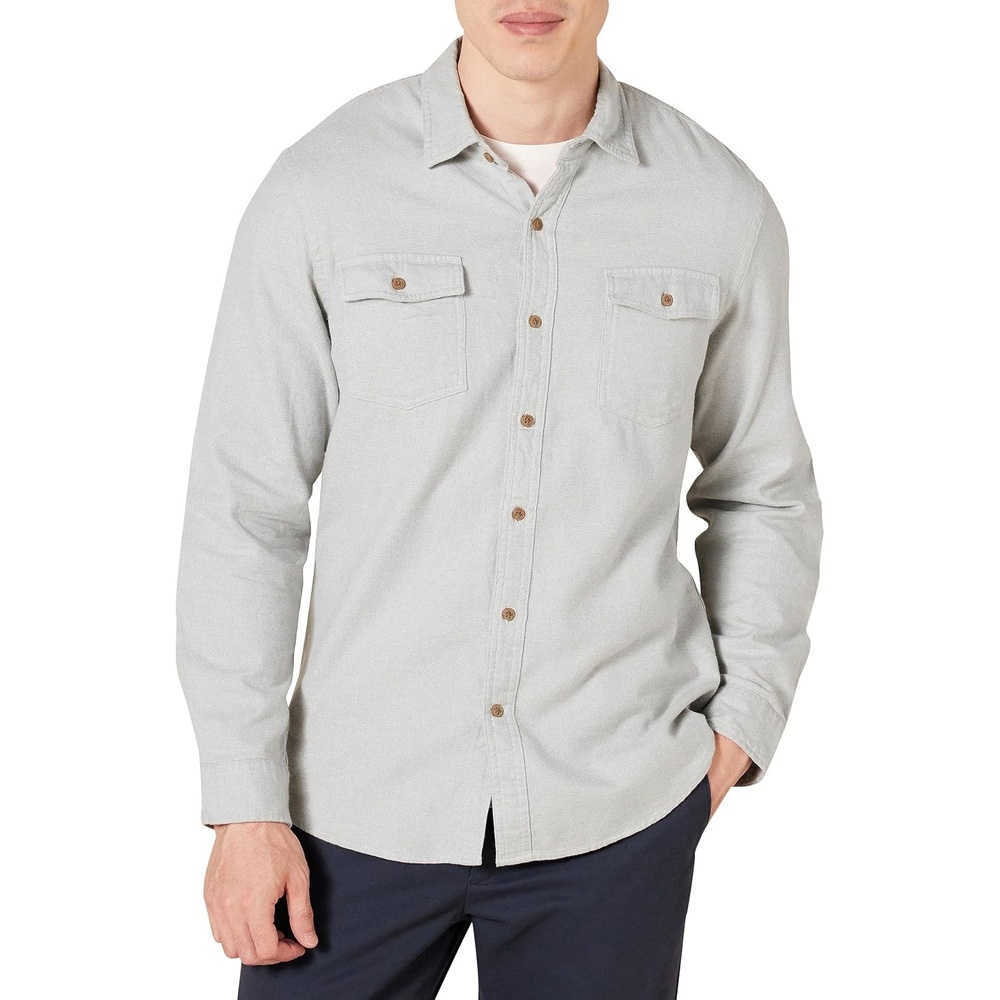 image:imageAmazon Essentials Mens SlimFit Flannel LongSleeve Shirt TwoPocket PlaidLight Grey Heather