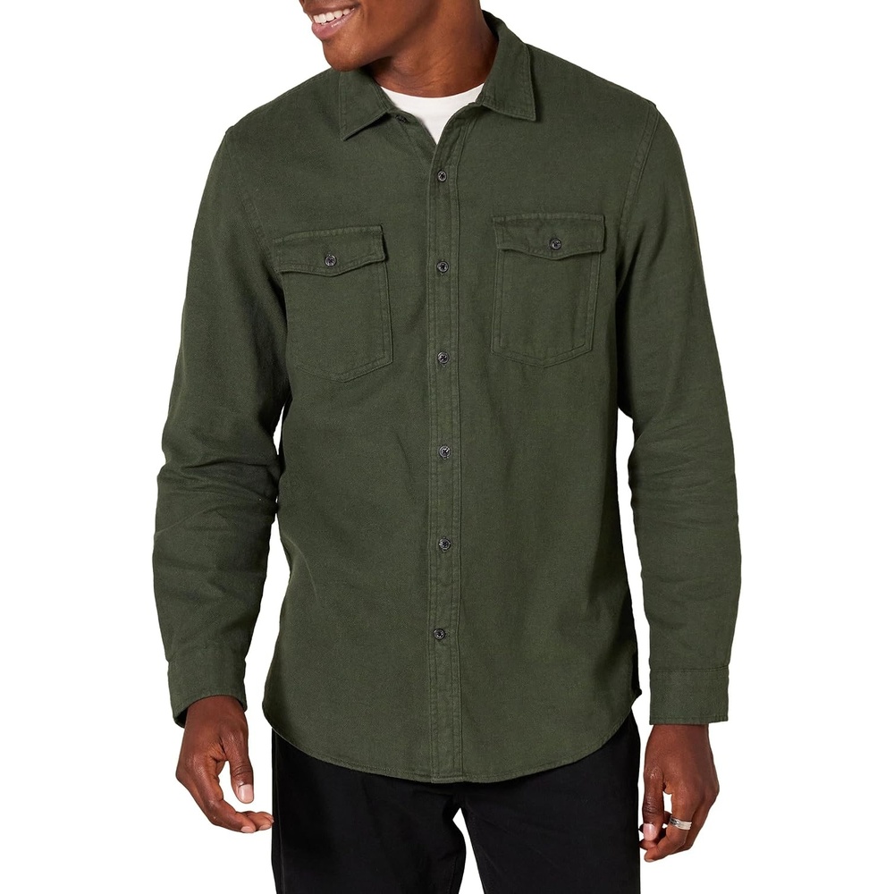 image:imageAmazon Essentials Mens SlimFit Flannel LongSleeve Shirt TwoPocket PlaidOlive Heather