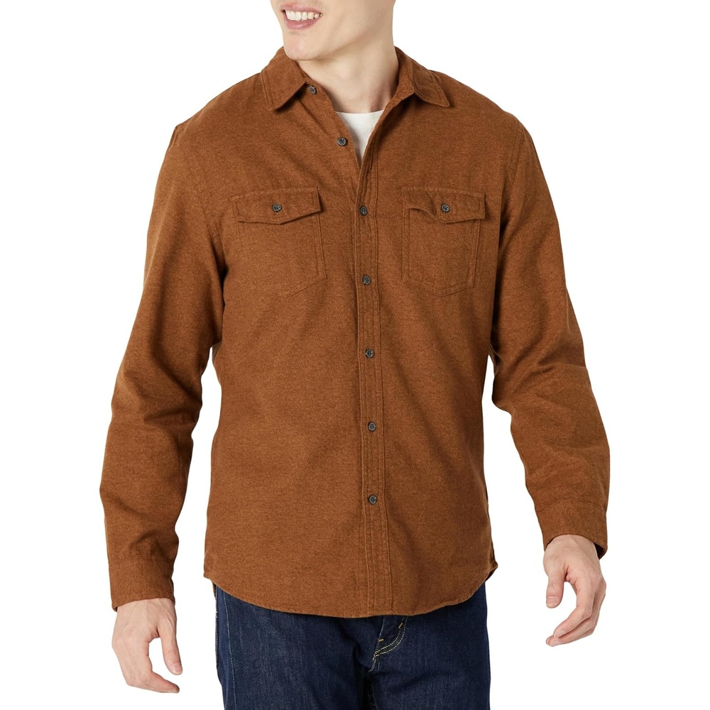 image:imageAmazon Essentials Mens SlimFit Flannel LongSleeve Shirt TwoPocket PlaidToffee Brown