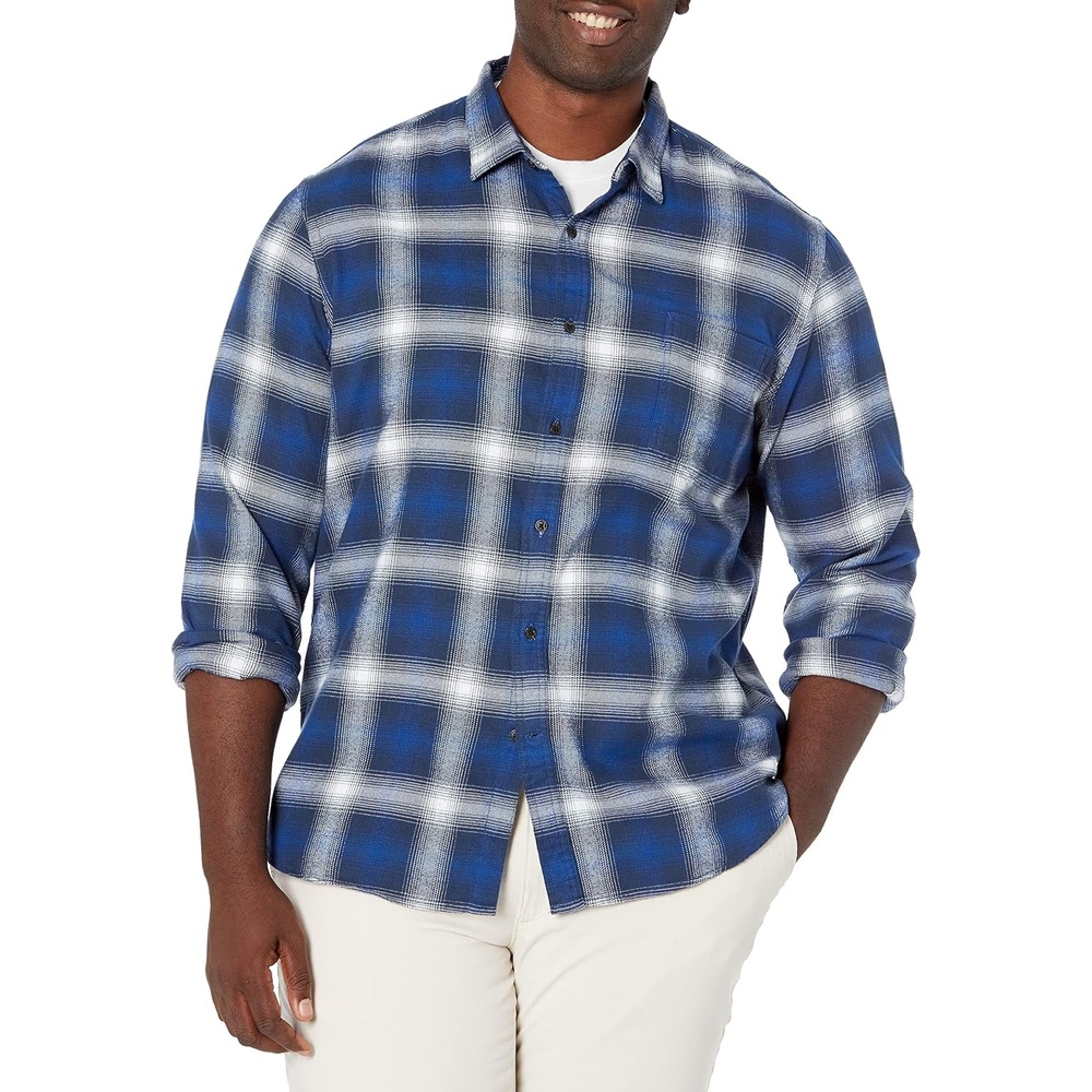 image:imageAmazon Essentials Mens SlimFit Flannel Shirt Long Sleeve Button Down PlaidBlue White Plaid