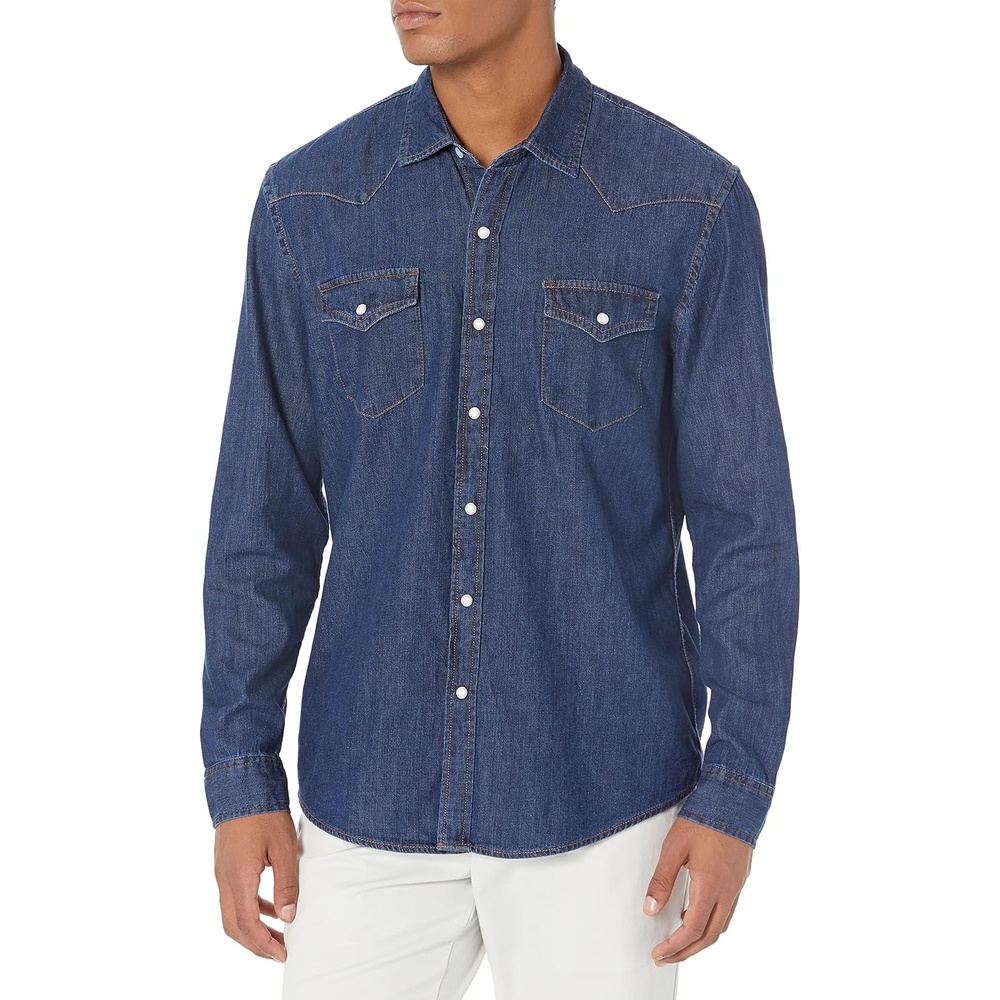 image:imageAmazon Essentials Mens SlimFit LongSleeve Denim Western Style Cotton Shirt with Snap Buttons LightweightMedium Blue