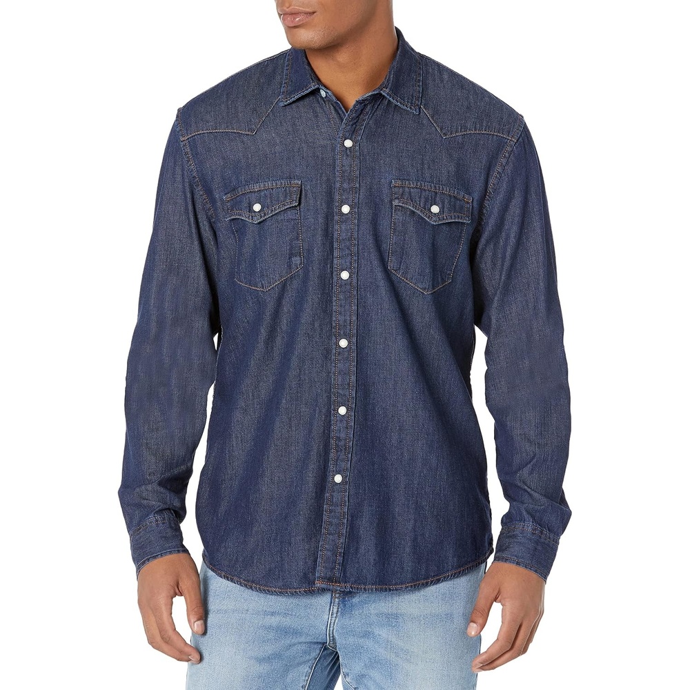 image:imageAmazon Essentials Mens SlimFit LongSleeve Denim Western Style Cotton Shirt with Snap Buttons LightweightRinsed