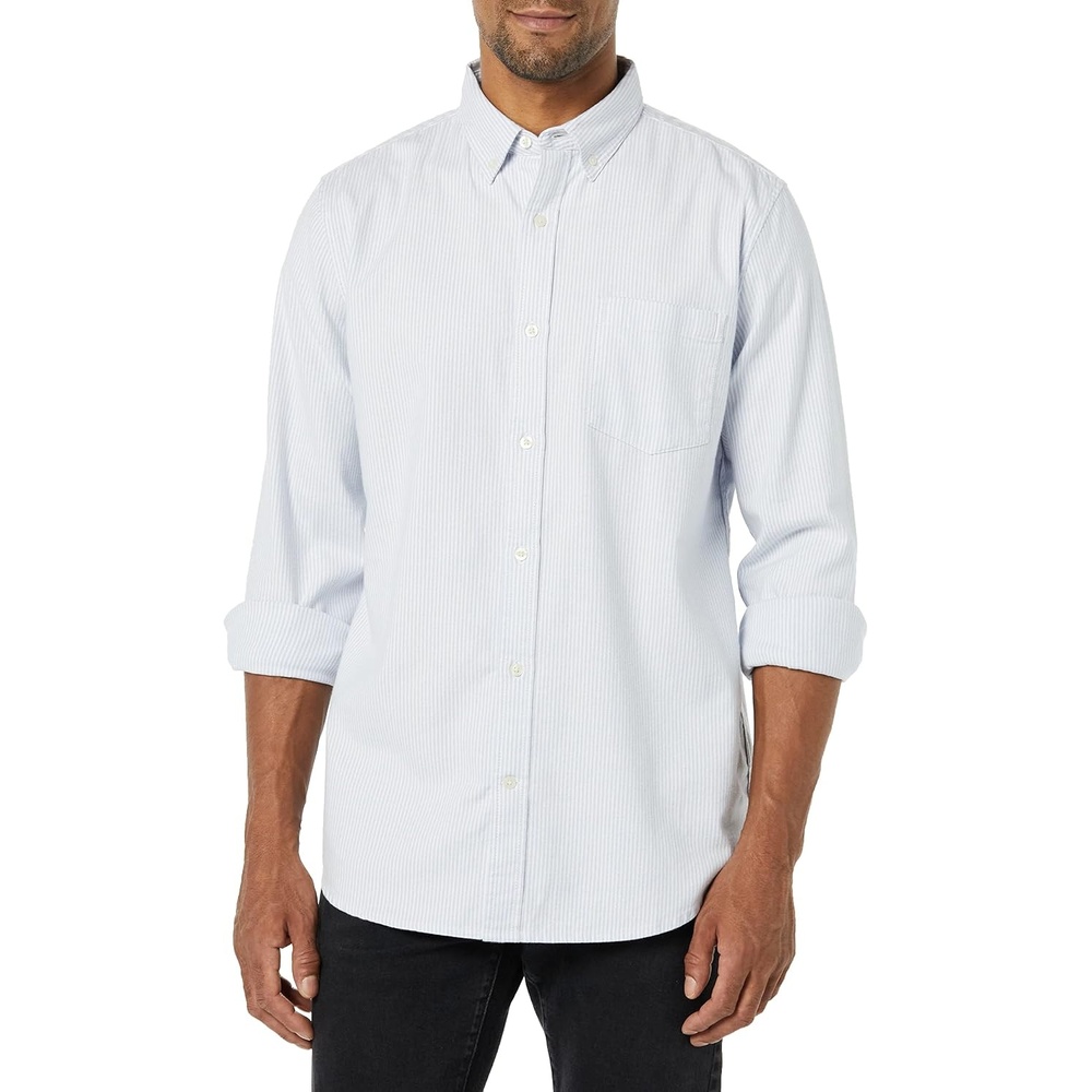 image:imageAmazon Essentials Mens SlimFit LongSleeve Stretch Oxford Shirt with PocketPowder Blue Vertical Stripe