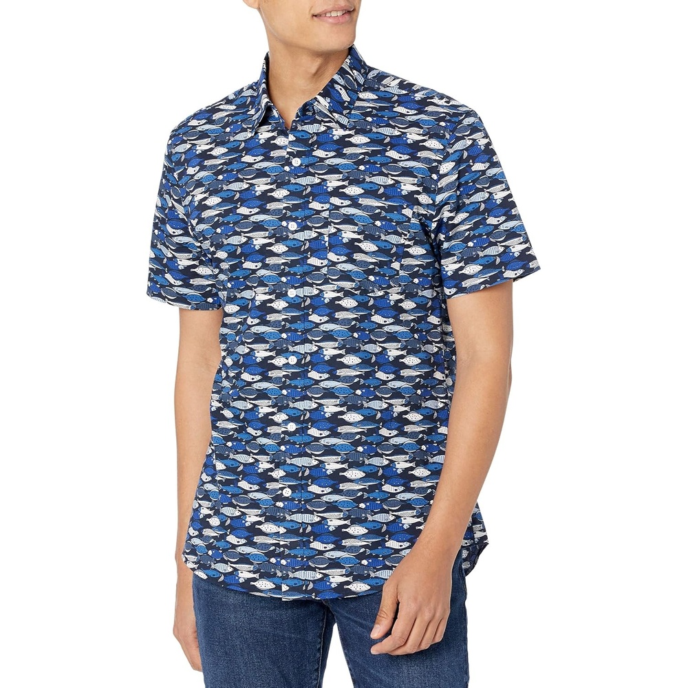 image:imageAmazon Essentials Mens SlimFit Mens Short Sleeve Collared Button Down ShirtBlue Fish