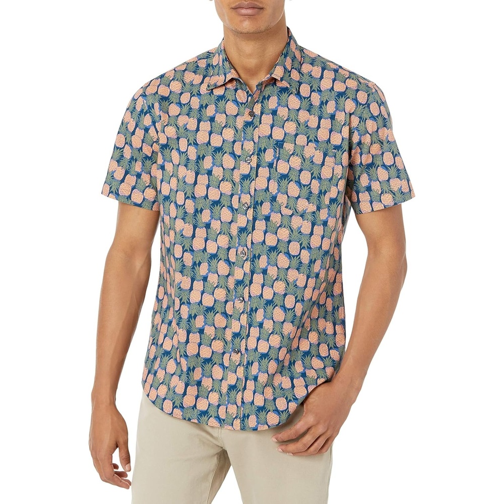 image:imageAmazon Essentials Mens SlimFit Mens Short Sleeve Collared Button Down ShirtNavy Peach Pineapple Print