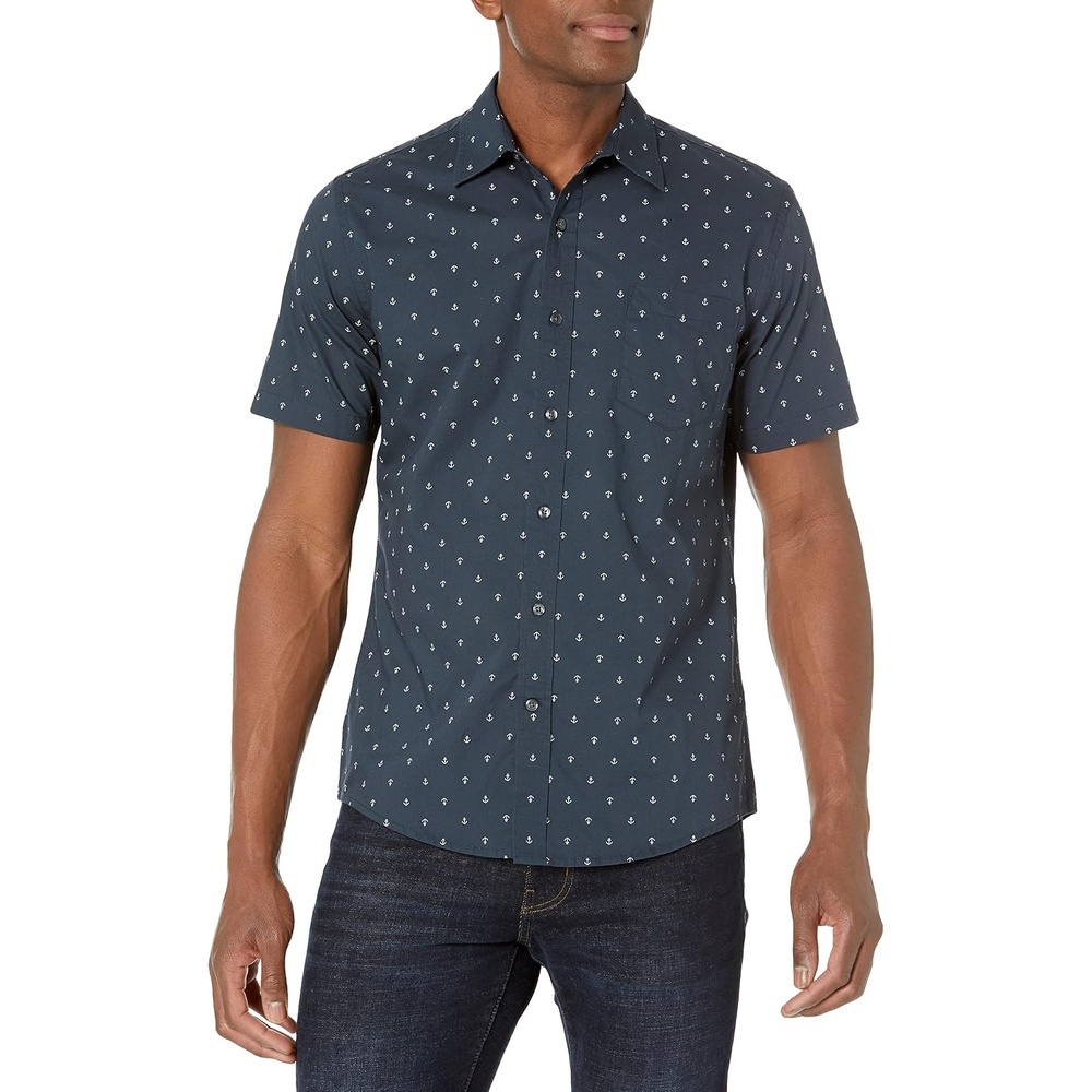 image:imageAmazon Essentials Mens SlimFit Mens Short Sleeve Collared Button Down ShirtNavy White Anchor Print
