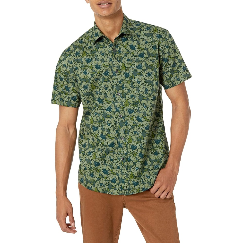 image:imageAmazon Essentials Mens SlimFit Mens Short Sleeve Collared Button Down ShirtOlive Flowers