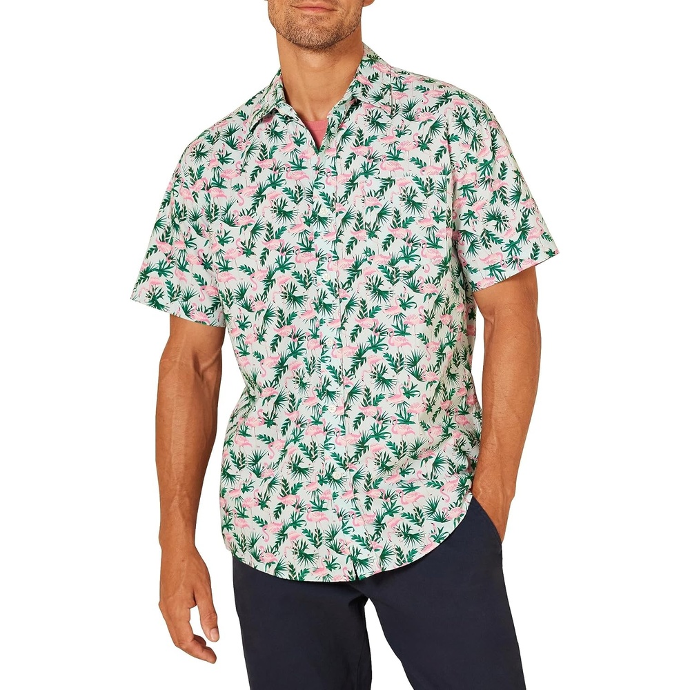 image:imageAmazon Essentials Mens SlimFit Mens Short Sleeve Collared Button Down ShirtPastel Green Flamingo