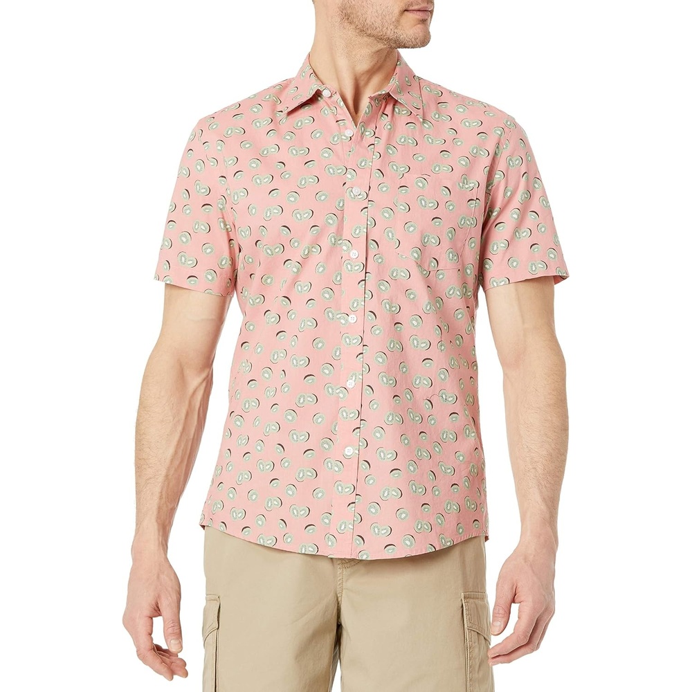 image:imageAmazon Essentials Mens SlimFit Mens Short Sleeve Collared Button Down ShirtPink Fruit