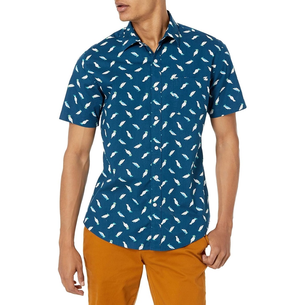 image:imageAmazon Essentials Mens SlimFit Mens Short Sleeve Collared Button Down ShirtTeal Blue Birds