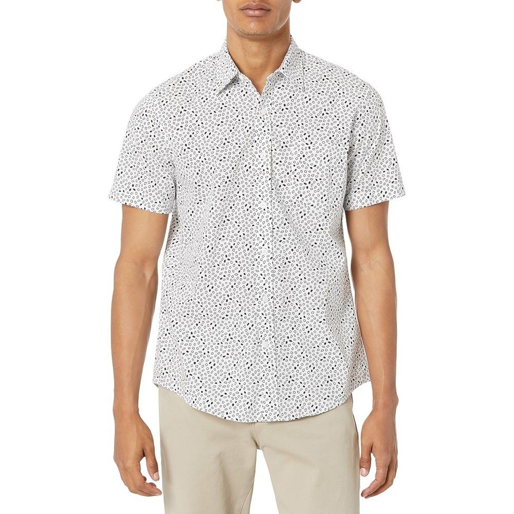 image:imageAmazon Essentials Mens SlimFit Mens Short Sleeve Collared Button Down ShirtWhiteNavy Micro Geo