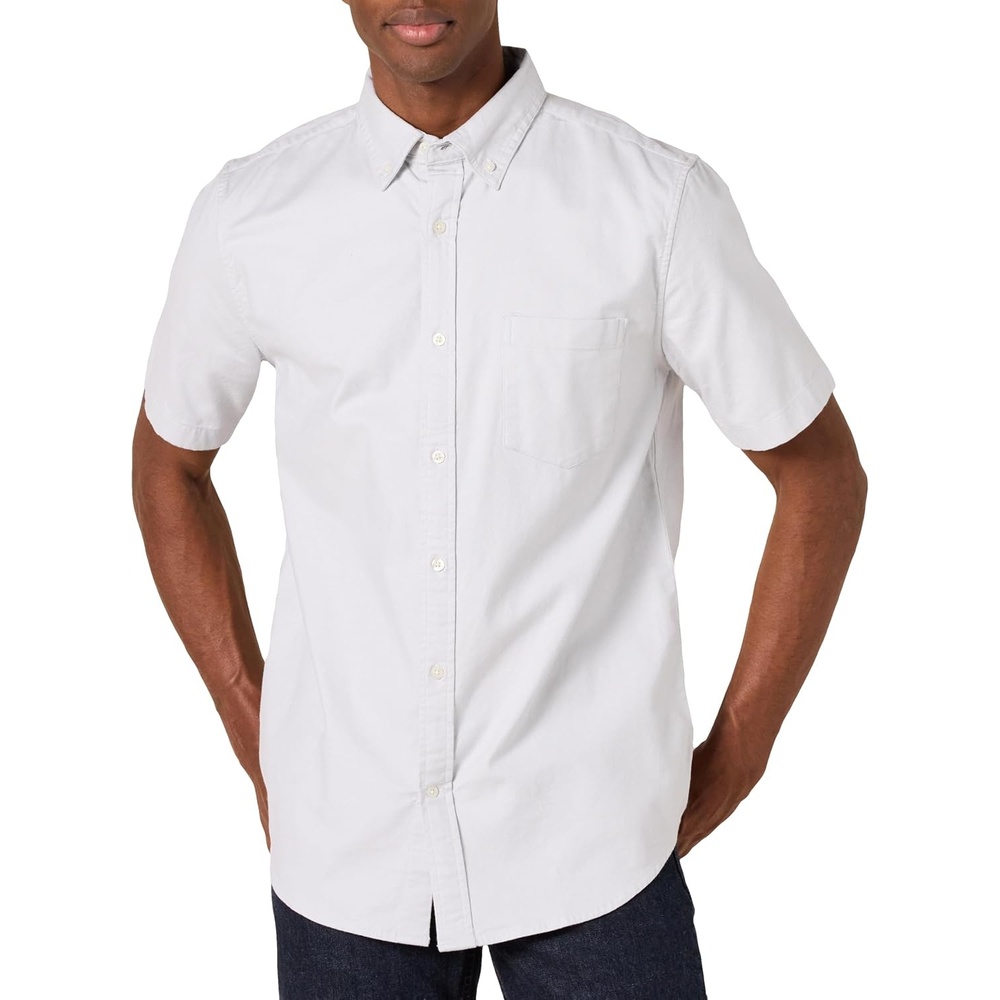 image:imageAmazon Essentials Mens SlimFit Short Sleeve Stretch Oxford Shirt with PocketLight Grey