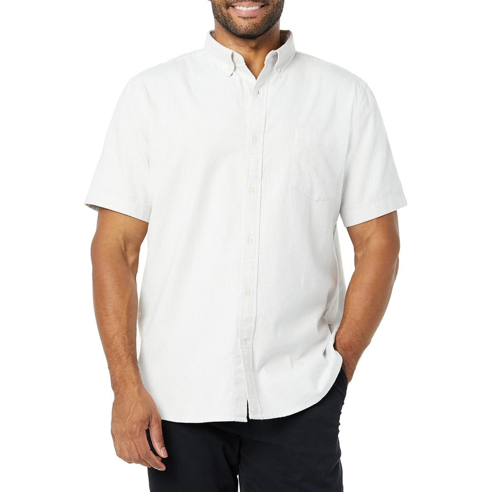 image:imageAmazon Essentials Mens SlimFit Short Sleeve Stretch Oxford Shirt with PocketLight Grey Vertical Stripe