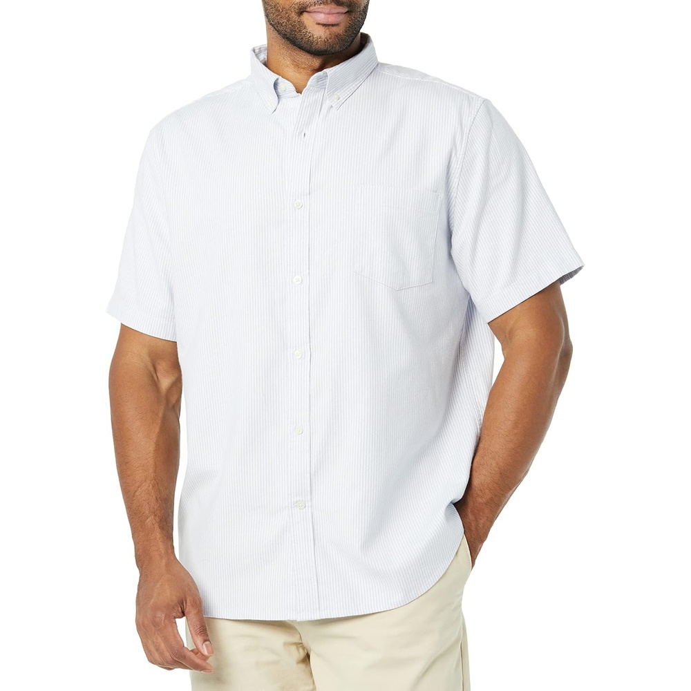 image:imageAmazon Essentials Mens SlimFit Short Sleeve Stretch Oxford Shirt with PocketPowder Blue Vertical Stripe
