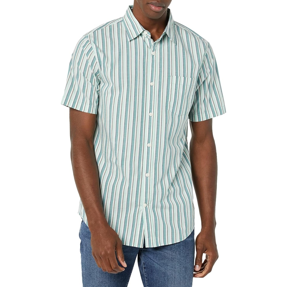 image:imageAmazon Essentials Mens SlimFit ShortSleeve Poplin ShirtAqua Blue White Vertical Stripe