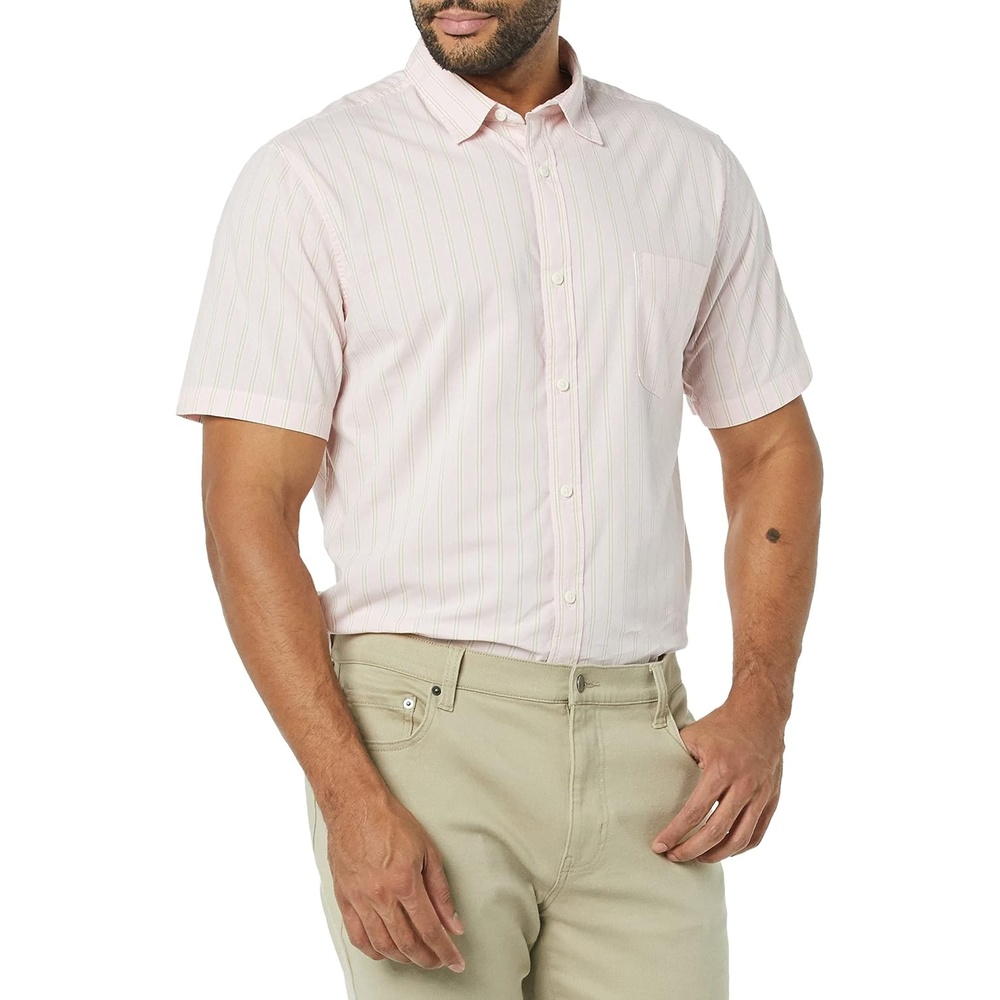 image:imageAmazon Essentials Mens SlimFit ShortSleeve Poplin ShirtBeige Pink Double Stripe