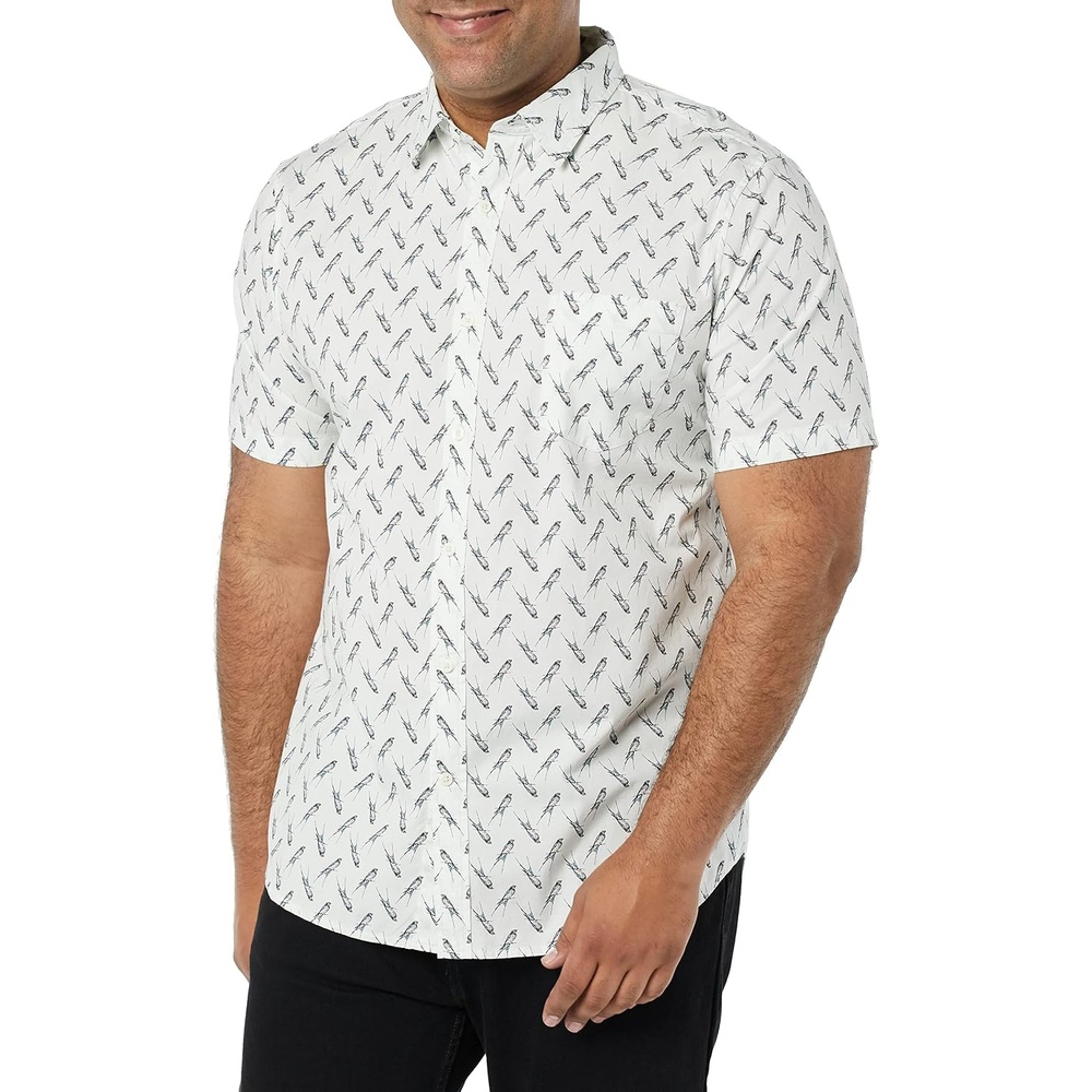 image:imageAmazon Essentials Mens SlimFit ShortSleeve Poplin ShirtLight Blue Bird Print