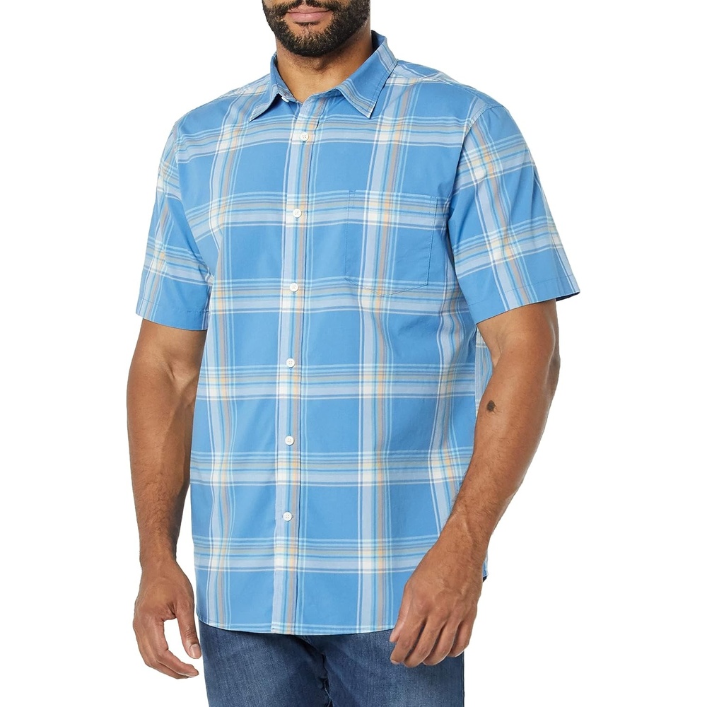 image:imageAmazon Essentials Mens SlimFit ShortSleeve Poplin ShirtLight Blue Orange Plaid