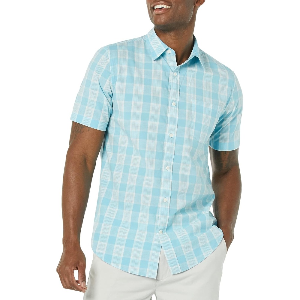 image:imageAmazon Essentials Mens SlimFit ShortSleeve Poplin ShirtLight Blue White Plaid