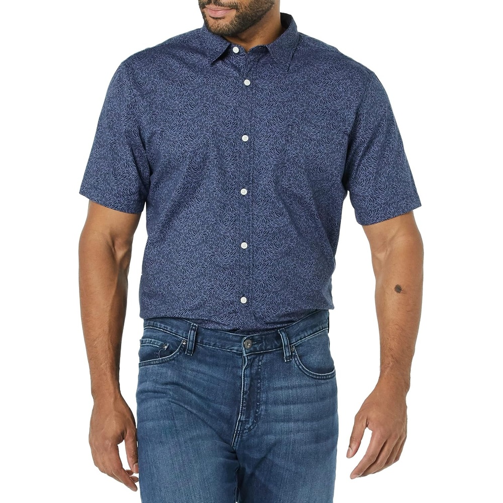 image:imageAmazon Essentials Mens SlimFit ShortSleeve Poplin ShirtNavy Tonal Floral Print