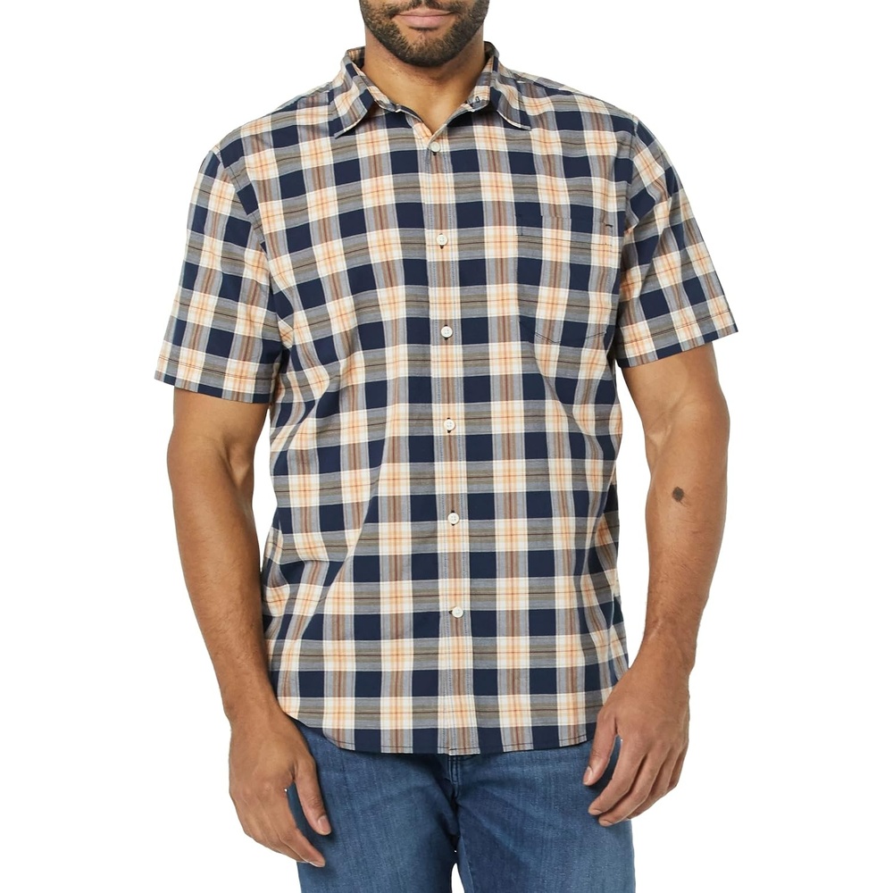 image:imageAmazon Essentials Mens SlimFit ShortSleeve Poplin ShirtNavy Gold Plaid