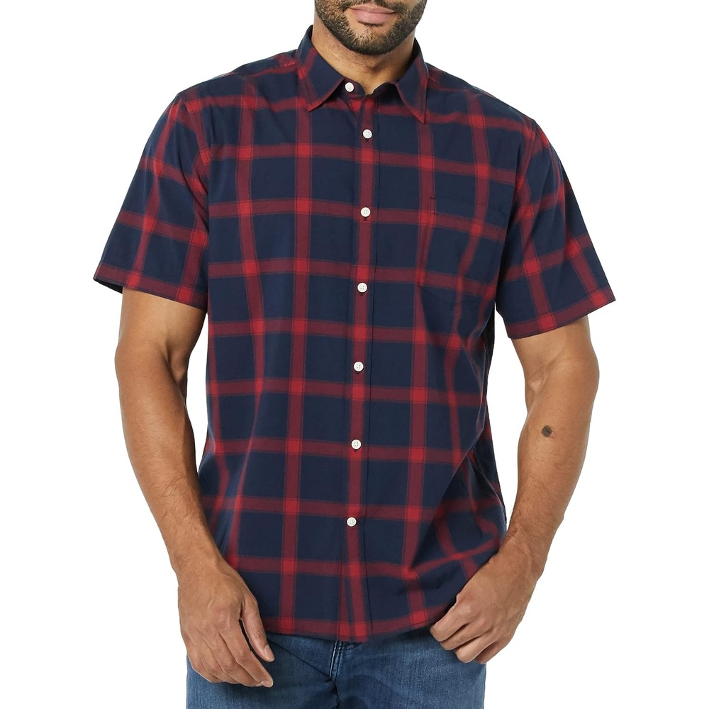 image:imageAmazon Essentials Mens SlimFit ShortSleeve Poplin ShirtNavy Red Buffalo Plaid