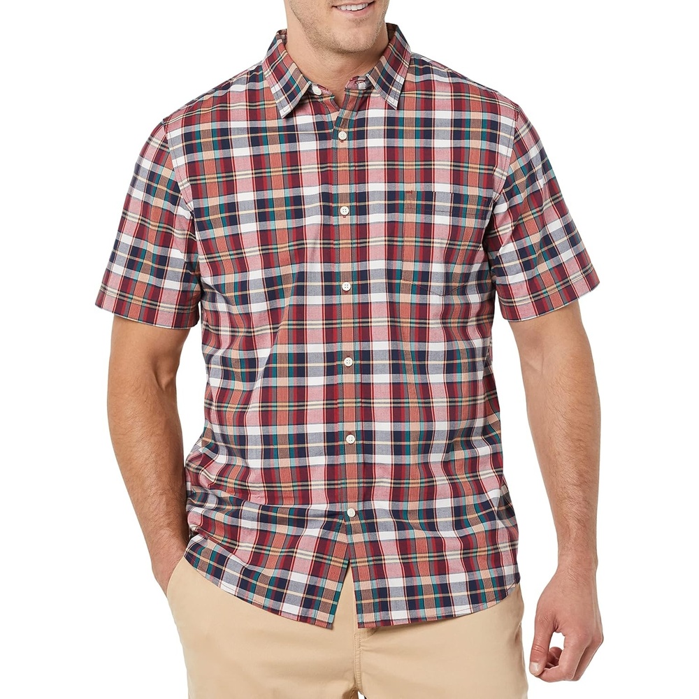 image:imageAmazon Essentials Mens SlimFit ShortSleeve Poplin ShirtNavy Red White Plaid
