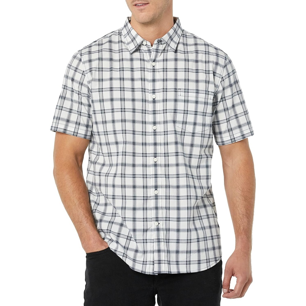 image:imageAmazon Essentials Mens SlimFit ShortSleeve Poplin ShirtNavy White Plaid
