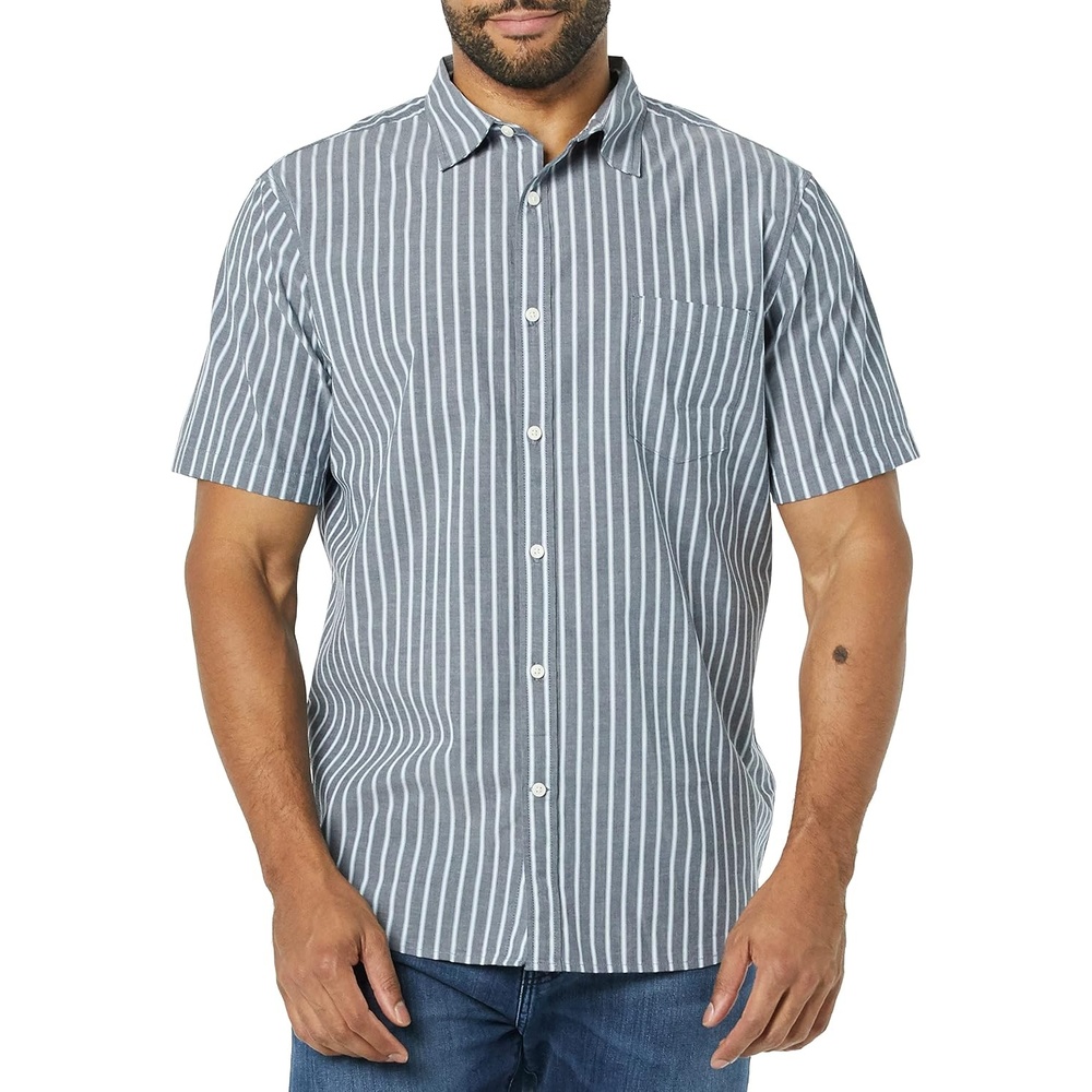 image:imageAmazon Essentials Mens SlimFit ShortSleeve Poplin ShirtNavy White Stripe