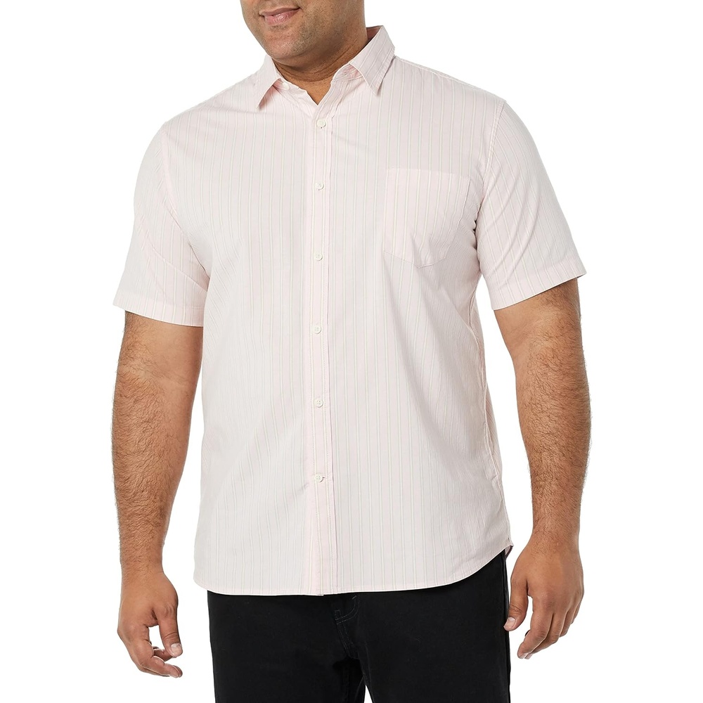 image:imageAmazon Essentials Mens SlimFit ShortSleeve Poplin ShirtPink Double Stripe
