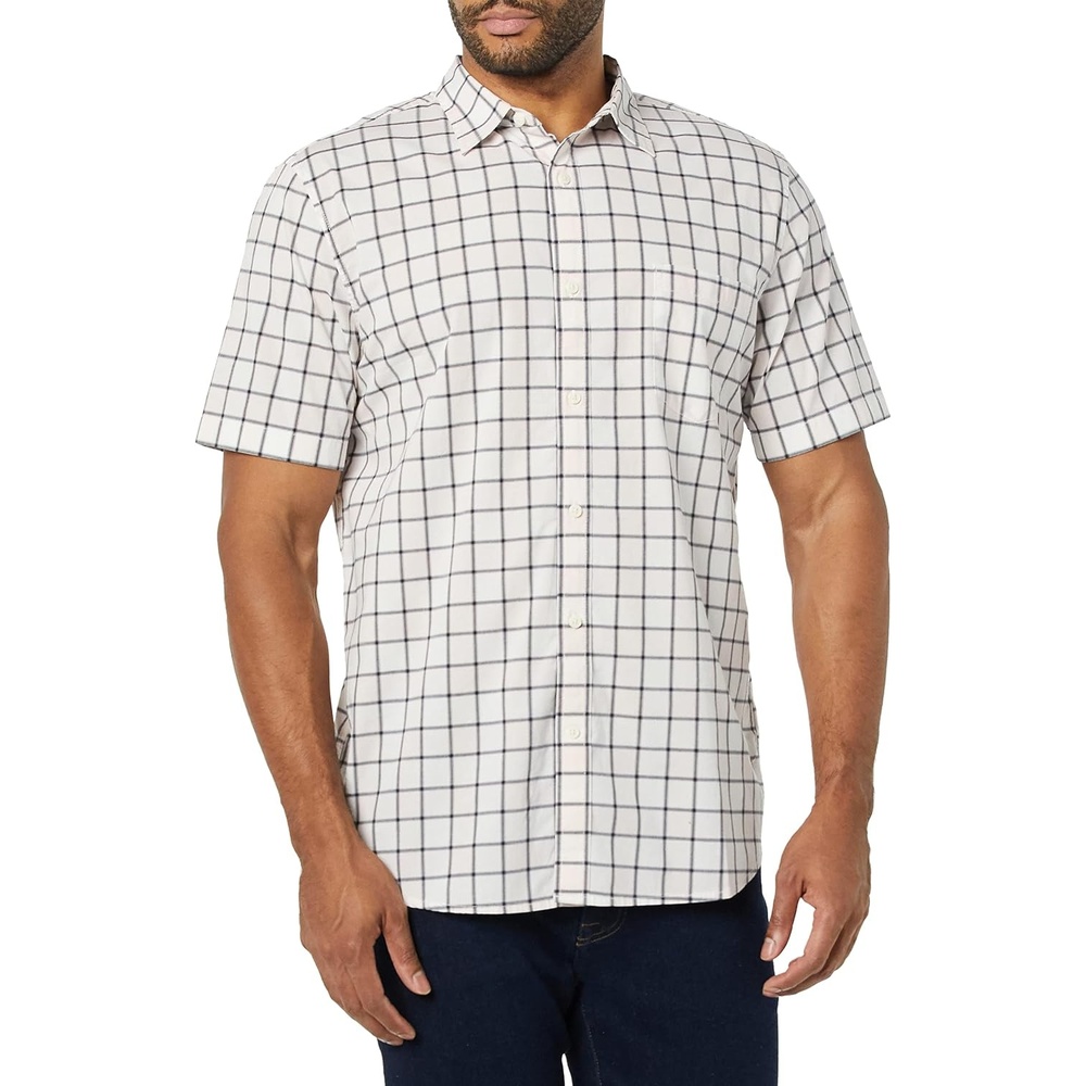image:imageAmazon Essentials Mens SlimFit ShortSleeve Poplin ShirtPink White Buffalo Plaid