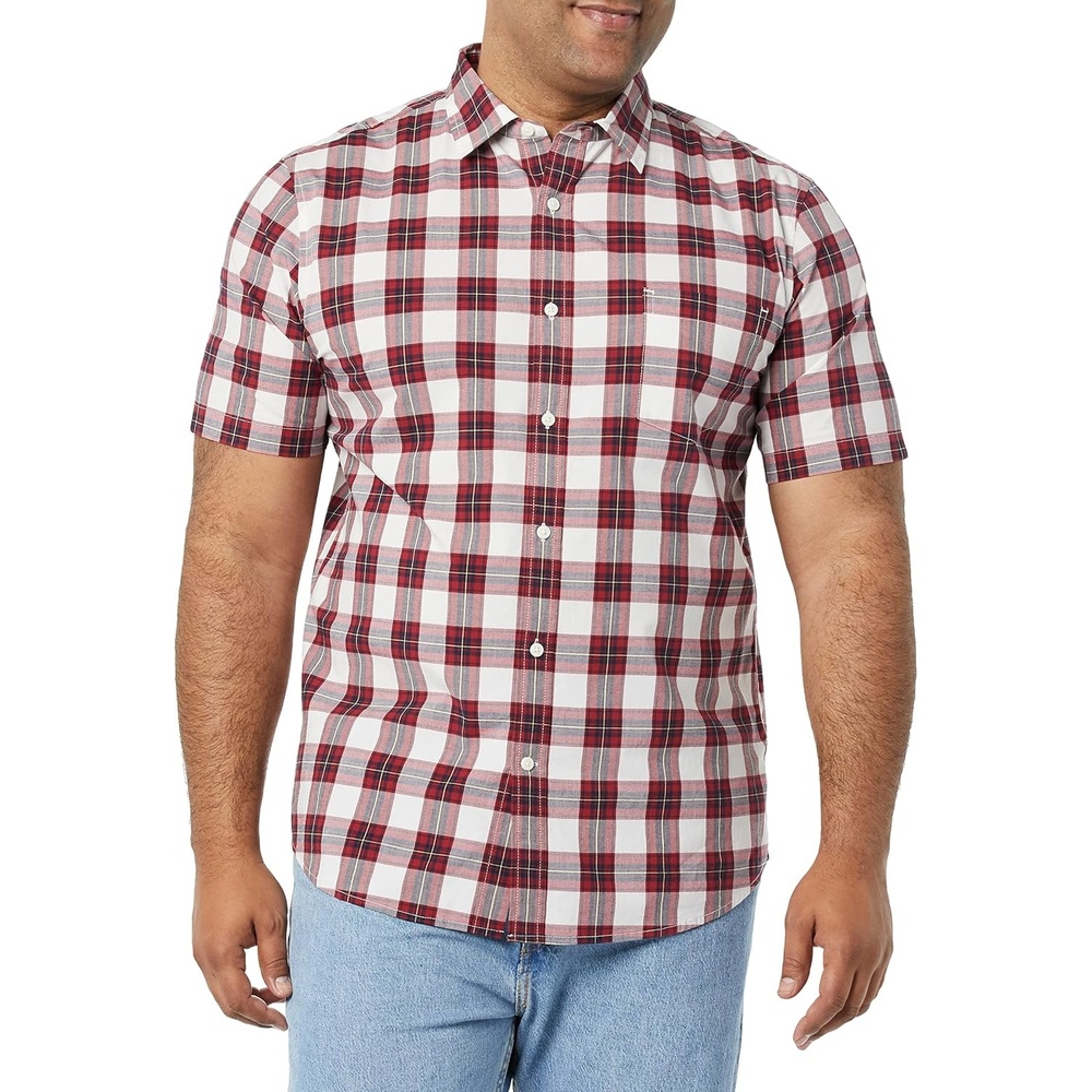 image:imageAmazon Essentials Mens SlimFit ShortSleeve Poplin ShirtRed Checked