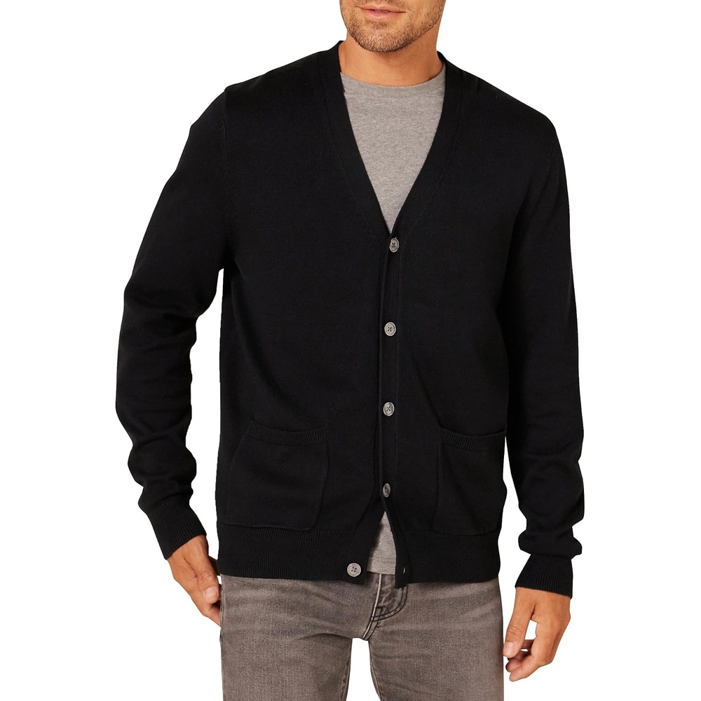 image:imageAmazon Essentials Mens VNeck Cotton Knitted Cardigan Sweater RibbedBlack