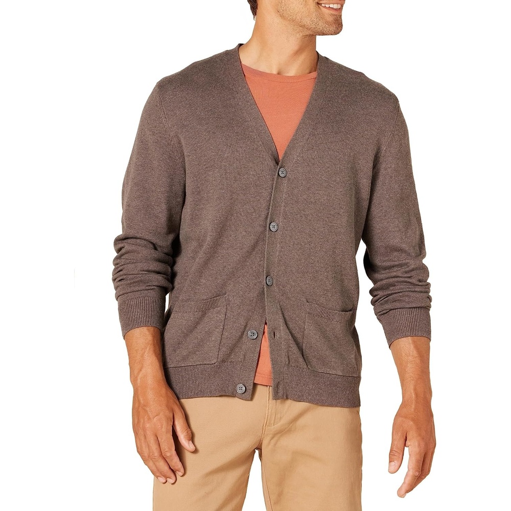 image:imageAmazon Essentials Mens VNeck Cotton Knitted Cardigan Sweater RibbedBrown Heather