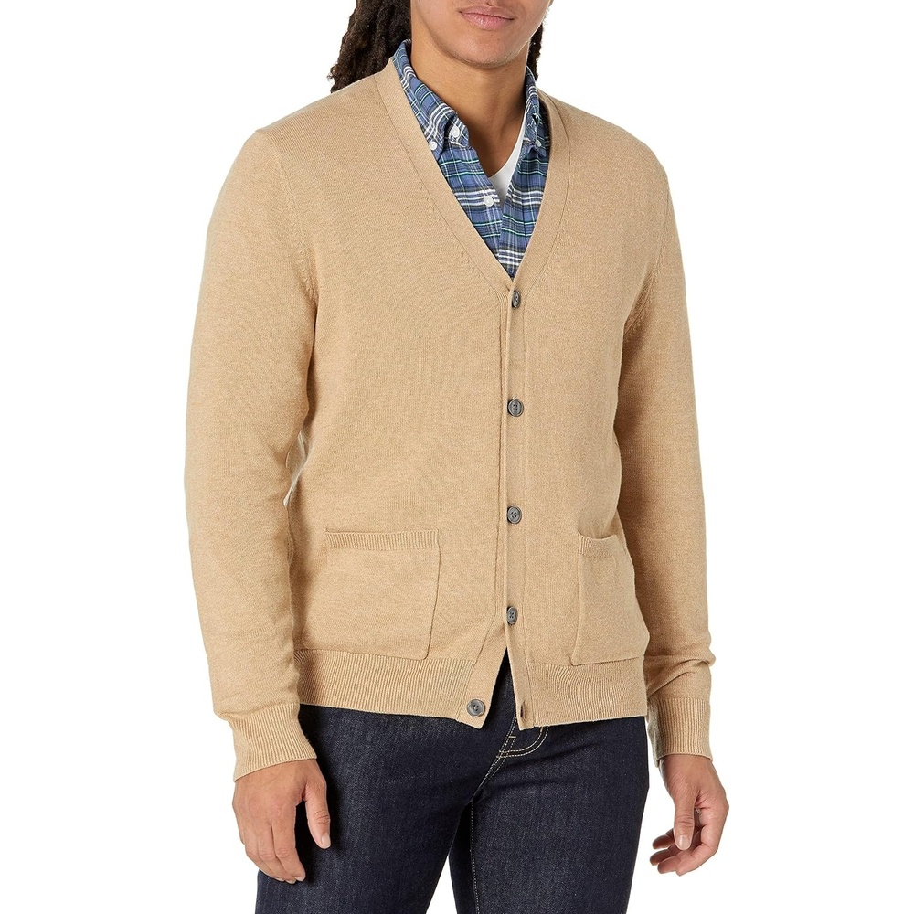 image:imageAmazon Essentials Mens VNeck Cotton Knitted Cardigan Sweater RibbedCamel Heather