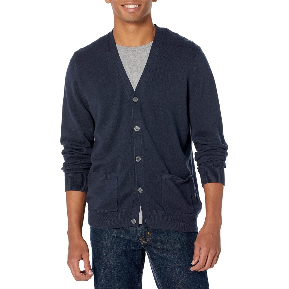 image:imageAmazon Essentials Mens VNeck Cotton Knitted Cardigan Sweater RibbedNavy