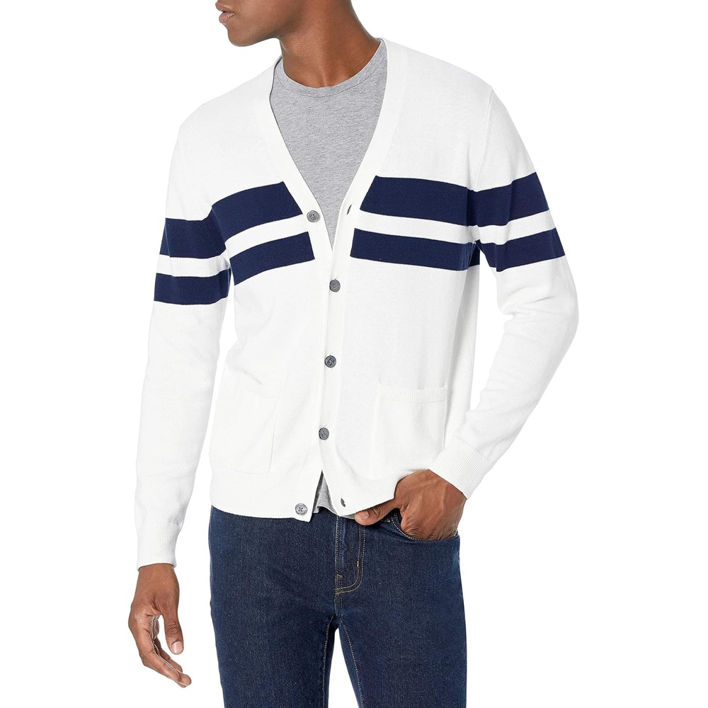 image:imageAmazon Essentials Mens VNeck Cotton Knitted Cardigan Sweater RibbedNavy White Rugby Stripe
