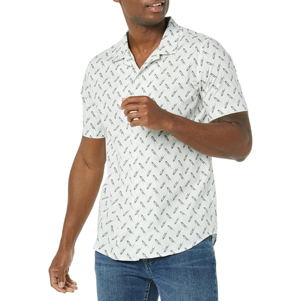 image:imageAmazon Essentials Mens Vacation Cotton ButtonDown Short Sleeve Resort ShirtLight Blue Bird Print