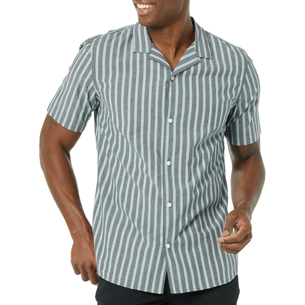 image:imageAmazon Essentials Mens Vacation Cotton ButtonDown Short Sleeve Resort ShirtNavy Stripe