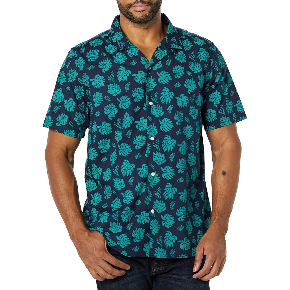 image:imageAmazon Essentials Mens Vacation Cotton ButtonDown Short Sleeve Resort ShirtNavy Teal Green Palm Leaf Print