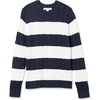 Amazon Essentials Mens Long-Sleeve 100% Cotton Fisherman Cable Crewneck Sweater(Navy White Rugby Stripe)