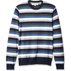 Amazon Essentials Men’s Cable Knit Long-Sleeve Crewneck Sweater, 100% Cotton, Big & Tall Options Available(Blue/Multi Stripe)