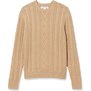 Amazon Essentials Mens Long-Sleeve 100% Cotton Fisherman Cable Crewneck Sweater(Camel)