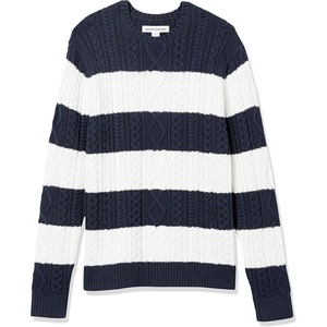 Amazon Essentials Mens Long-Sleeve 100% Cotton Fisherman Cable Crewneck Sweater(Navy White Rugby Stripe)
