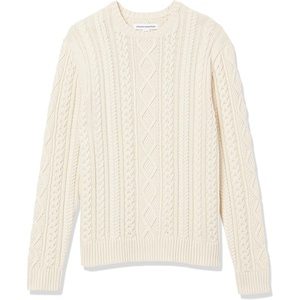 Amazon Essentials Mens Long-Sleeve 100% Cotton Fisherman Cable Crewneck Sweater(Off-white)