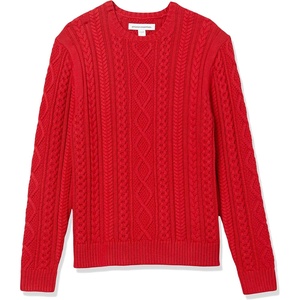 Amazon Essentials Mens Long-Sleeve 100% Cotton Fisherman Cable Crewneck Sweater(Red)
