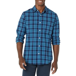 Amazon Essentials Men’s Long-Sleeve Regular-Fit Stretch Poplin Shirt(Green Navy Plaid)
