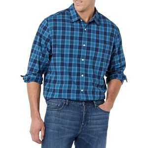 Amazon Essentials Men’s Long-Sleeve Regular-Fit Stretch Poplin Shirt(Indigo Navy Plaid)