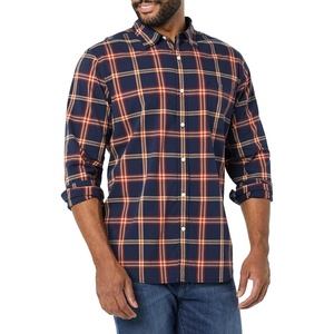 Amazon Essentials Men’s Long-Sleeve Regular-Fit Stretch Poplin Shirt(Navy Red Plaid)