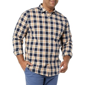 Amazon Essentials Men’s Long-Sleeve Regular-Fit Stretch Poplin Shirt(Navy/Gold  Plaid)